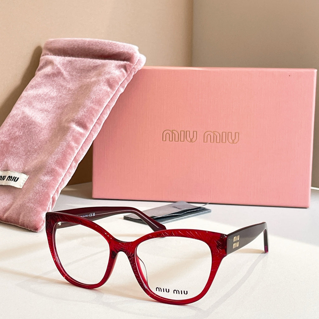 MiuMiu deep red rectangular eyeglasses, full-rim frame, logo temple, clear lenses