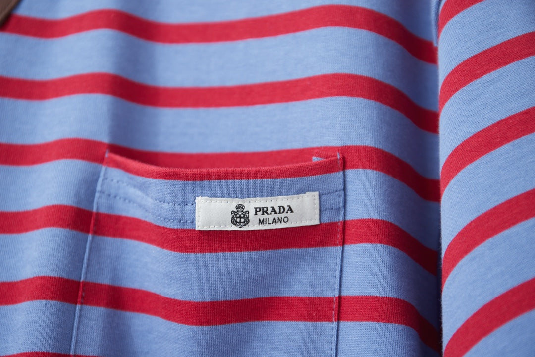 Prada striped polo shirt chest pocket with logo label, light blue and red stripes