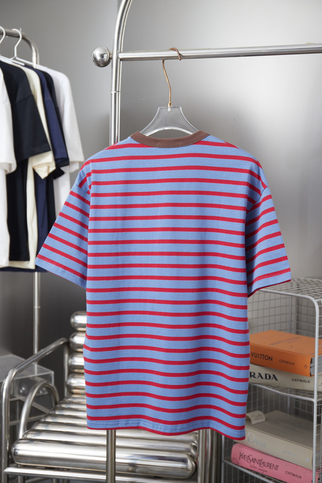 Prada striped polo shirt back, light blue and red stripes with crew neckline