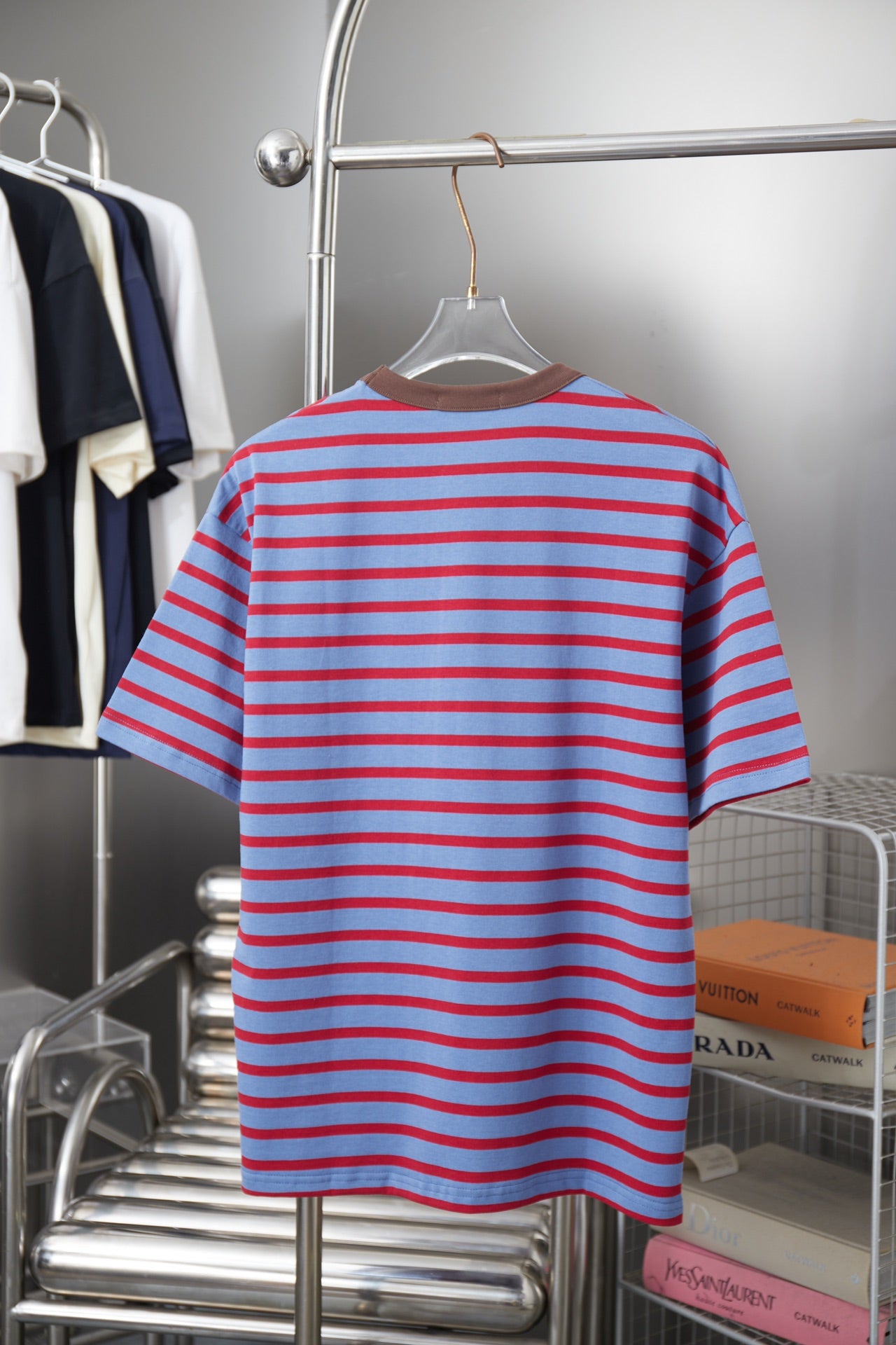 Prada striped polo shirt back, light blue and red stripes with crew neckline