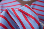 Prada striped polo sleeve close-up, light blue and red striped knit