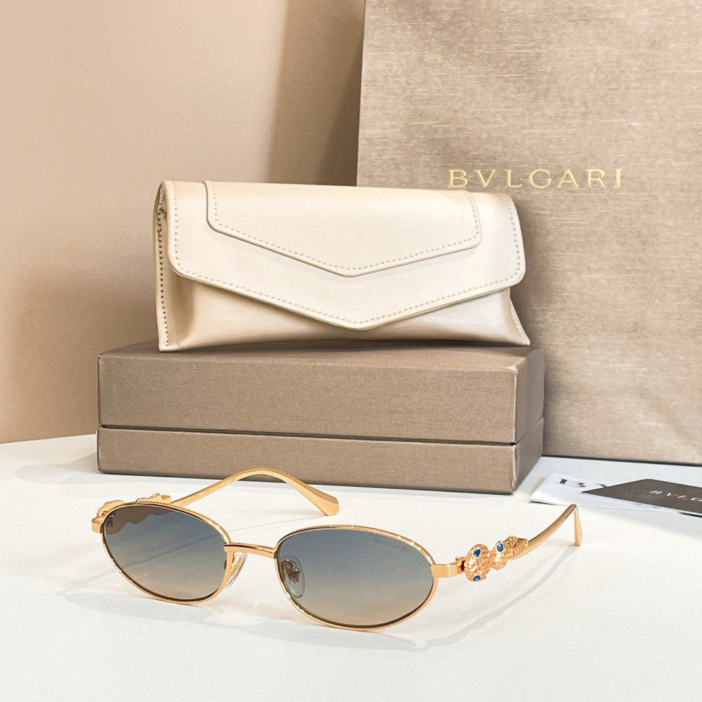 Bvlgari sunglasses with round dark lenses and gold-tone frames, shown with case