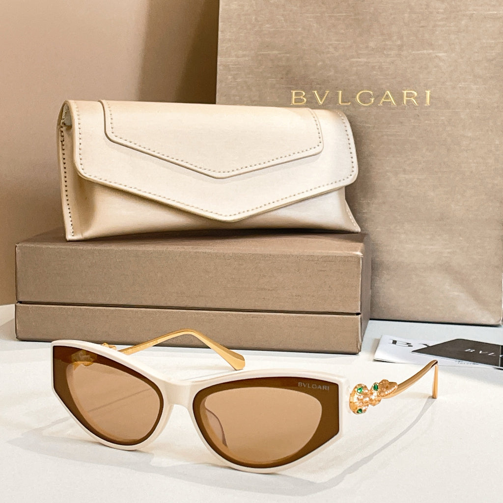Bvlgari cat-eye sunglasses, white frame with tan lenses and gold arms