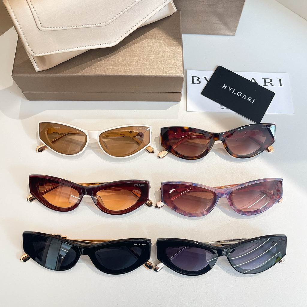 Bvlgari sunglasses assortment, multiple cat-eye frames with colored lenses