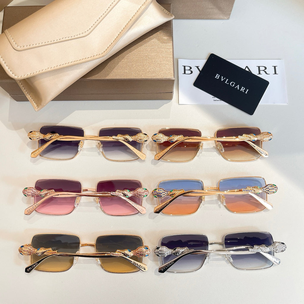 Assorted square sunglasses lineup with multicolor gradient lenses and jeweled frames