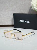 Square gold-tone eyeglasses with gray lenses, Chanel logo on temples