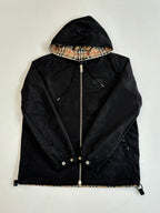 Kids black hooded jacket with zip front and adjustable hood lining