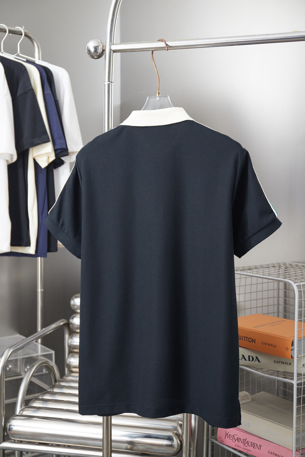 Gucci short-sleeve polo shirt back view in navy with plain crew collar
