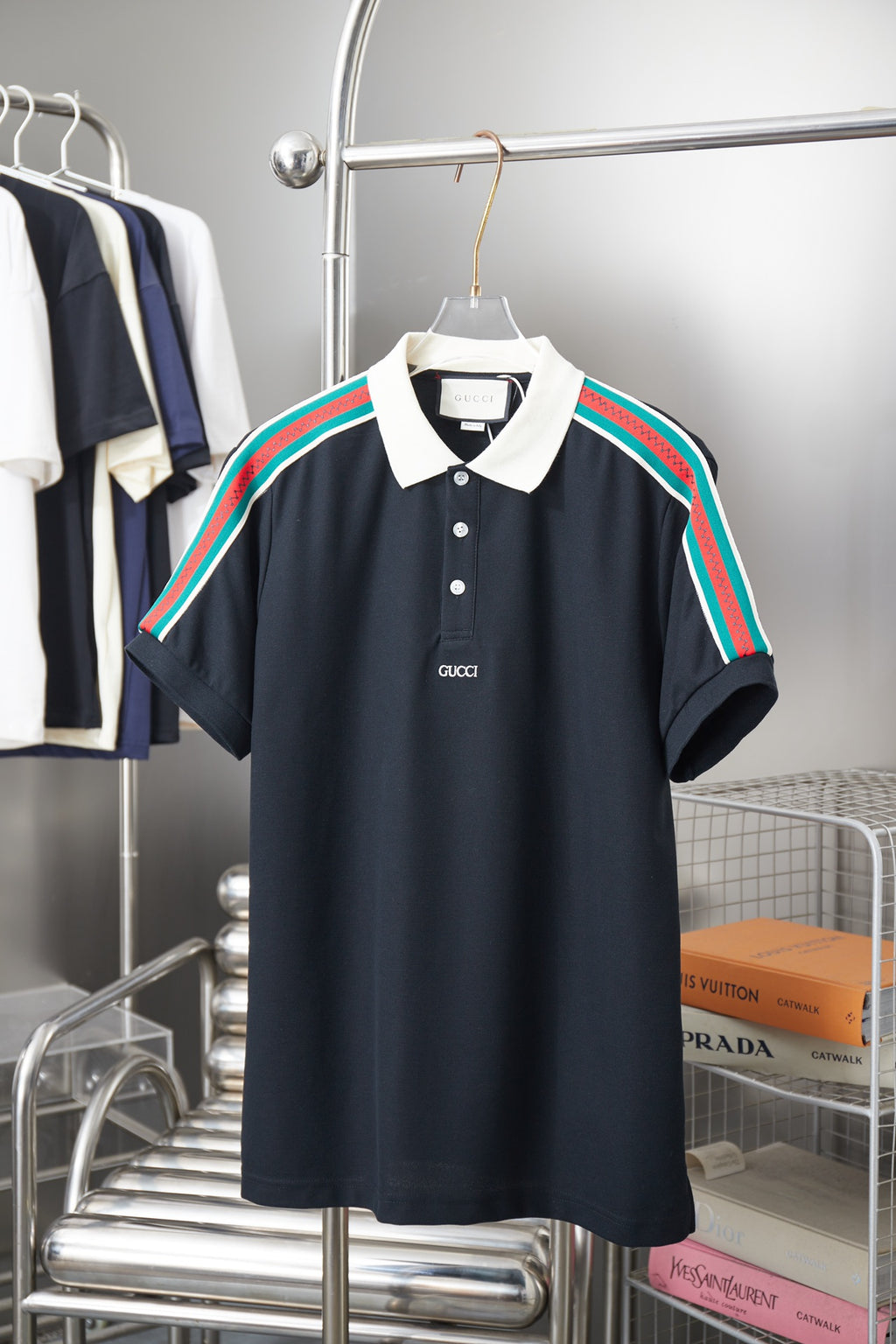 Gucci short-sleeve polo shirt, navy with white collar and rainbow stripe shoulders