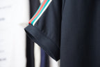 Gucci polo sleeve edge with multicolor stripe trim on navy short sleeve