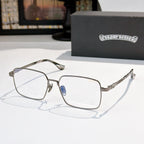 Chrome frame rectangular eyeglasses with blue temples and clear lenses, side view
