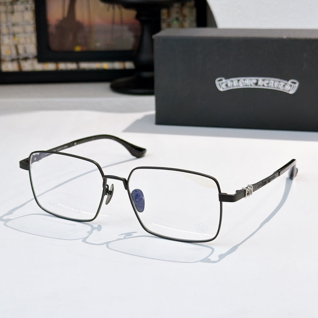 Black frame rectangular eyeglasses with blue temples and clear lenses