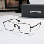 Black frame rectangular eyeglasses with blue temples and clear lenses