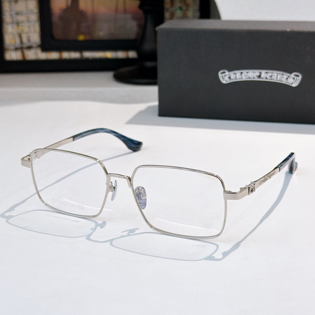 Chrome frame rectangular eyeglasses with blue temples and clear lenses