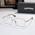 Chrome frame rectangular eyeglasses with blue temples and clear lenses