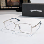 Chrome frame rectangular eyeglasses with blue temples and clear lenses