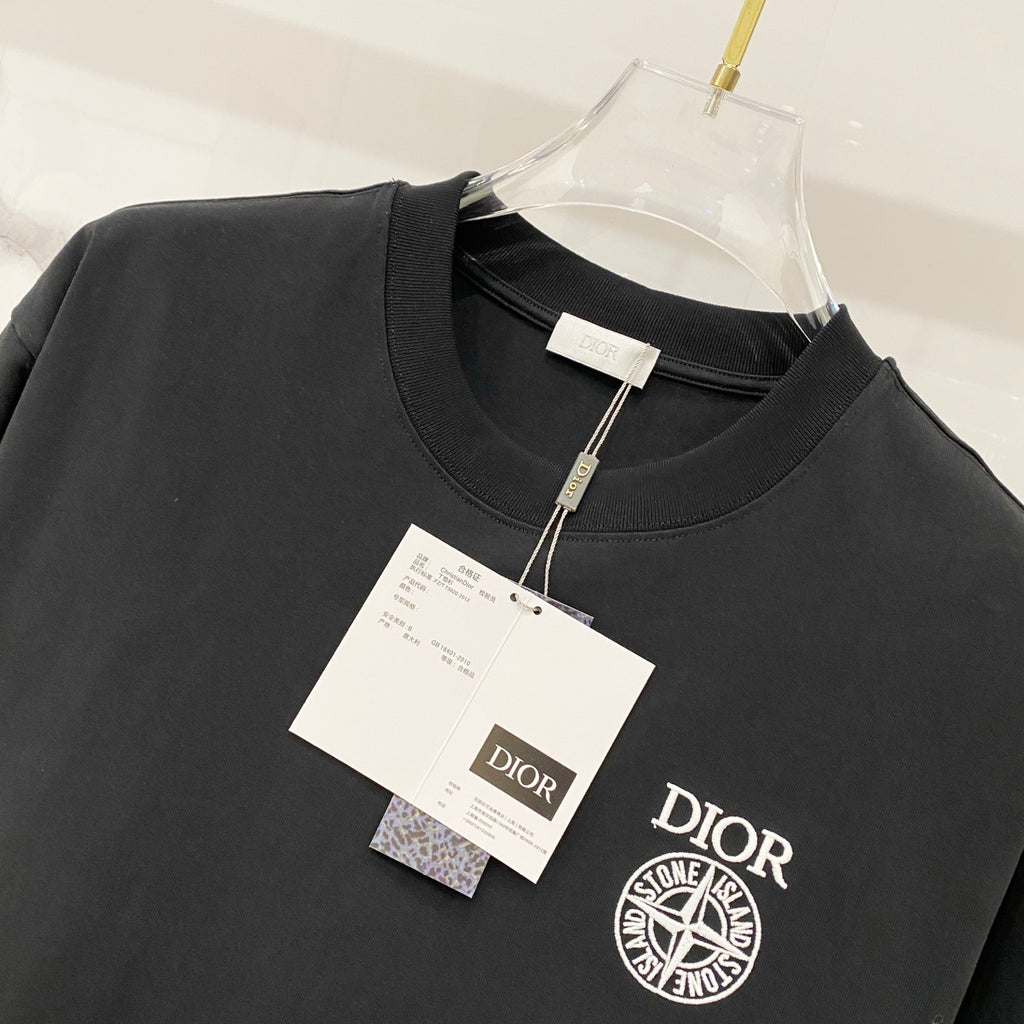 Black Dior crew-neck T-shirt with front emblem logo and size tags