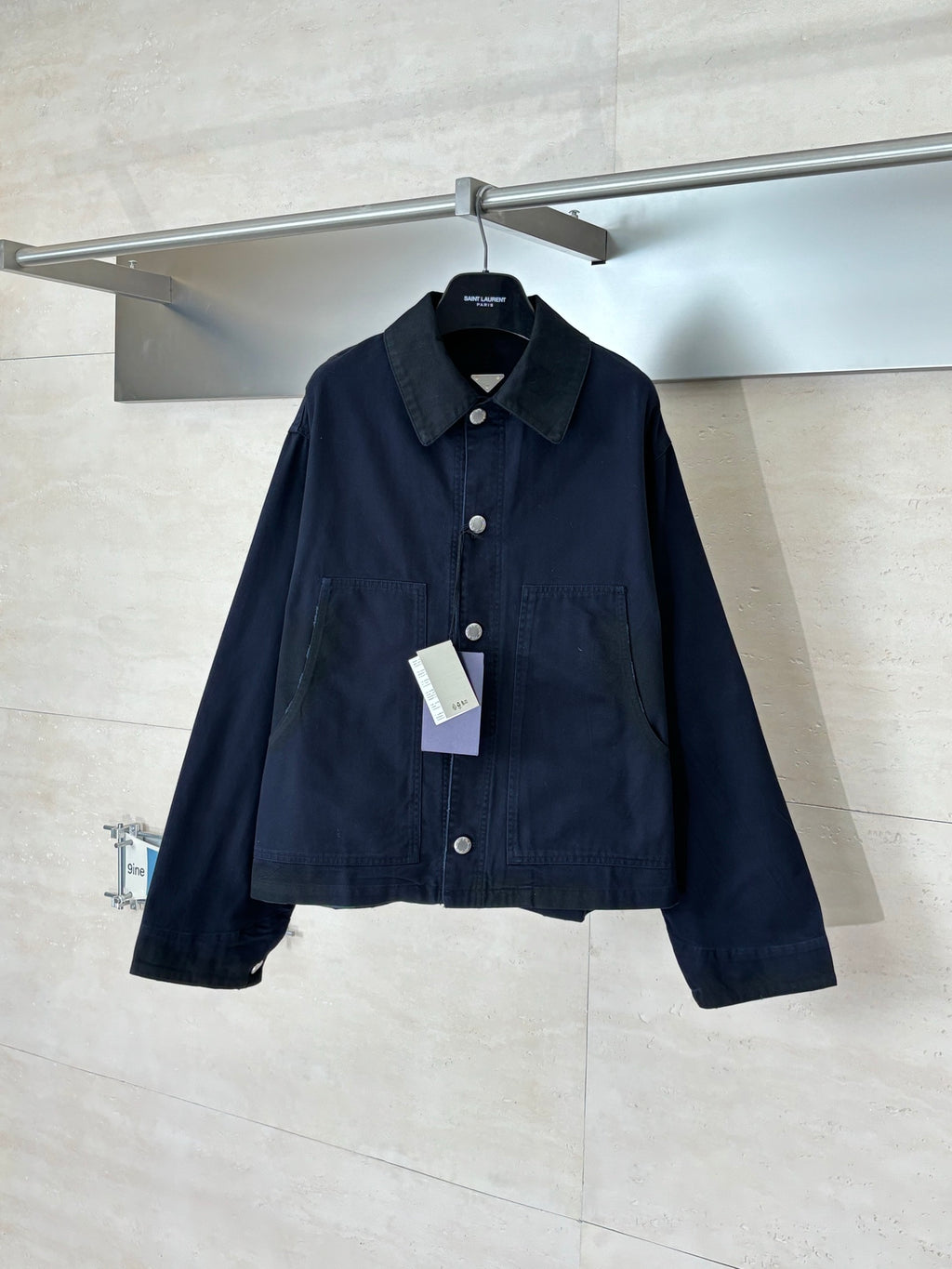 Prada long jacket in dark navy with button front and pointed collar