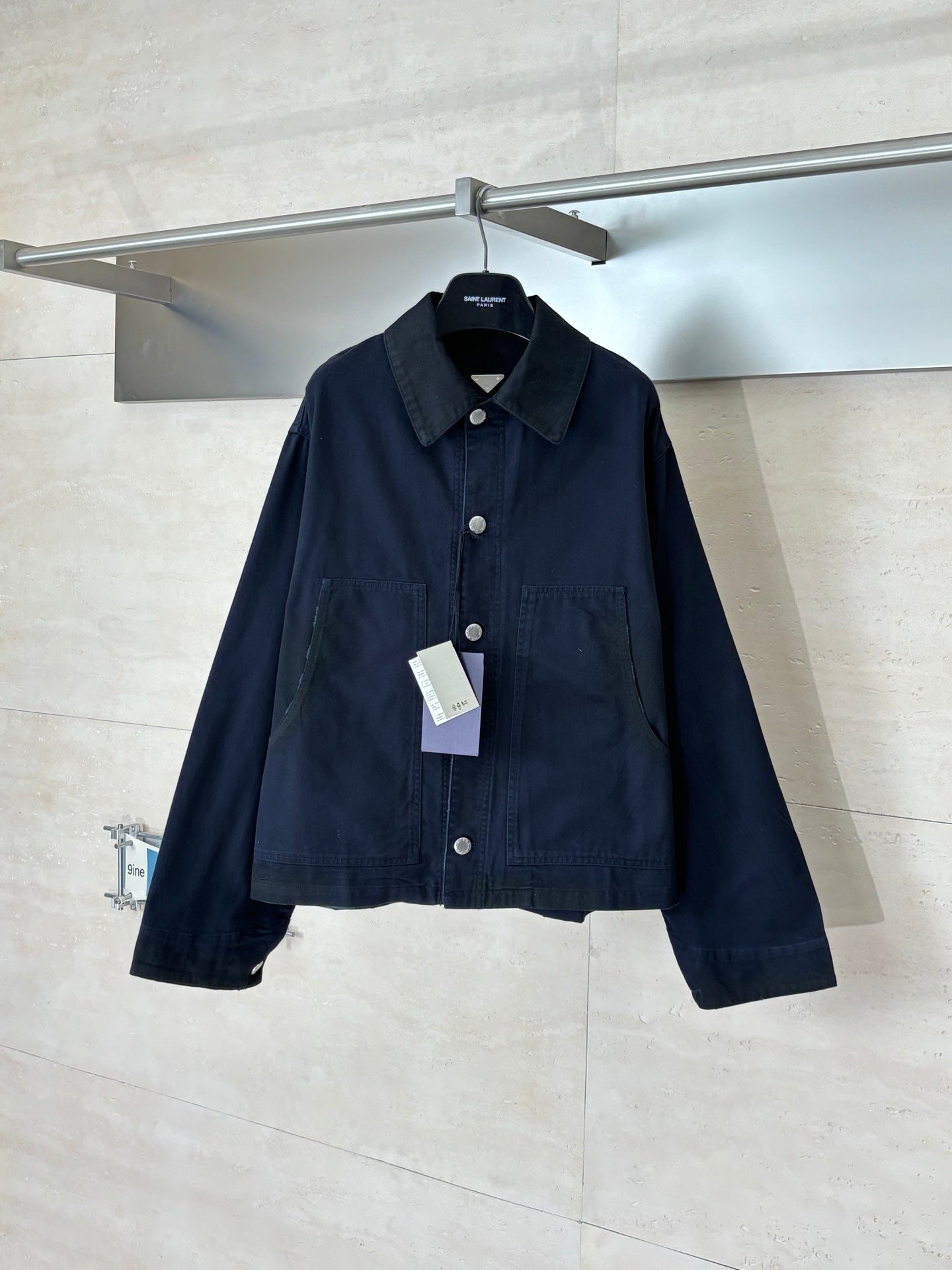Prada long jacket in dark navy with button front and pointed collar