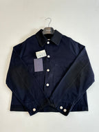 Prada long jacket in dark navy laid flat, button front and long sleeves