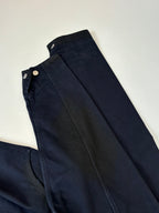 Navy long bottoms with buttoned waistband and pleated front panels