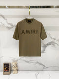 Olive T-shirt with AMIRI logo graphic on front, crew neck and short sleeves