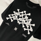 Black crewneck T-shirt with white graphic print and small Los Angeles text