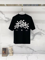 Black crewneck T-shirt with large white graphic print and small text