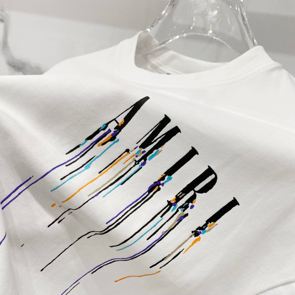 White crewneck T-shirt with partial colorful drip logo graphic on front