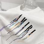 White crewneck T-shirt with partial colorful drip logo graphic on front