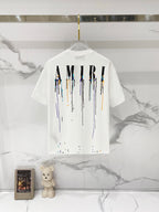 White crewneck T-shirt with colorful drip AMIRI-style logo print on back