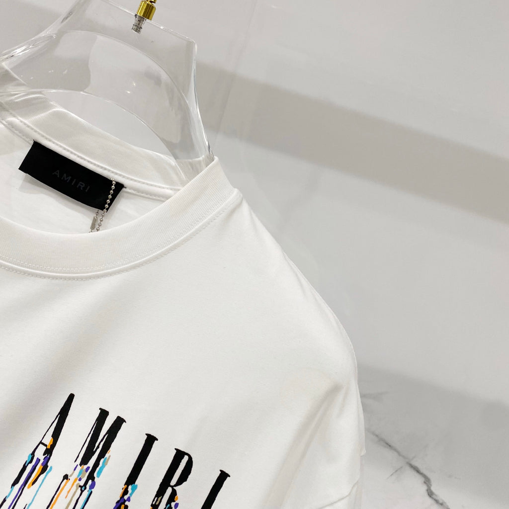 White crewneck T-shirt with AMIRI drip logo print and black neck label