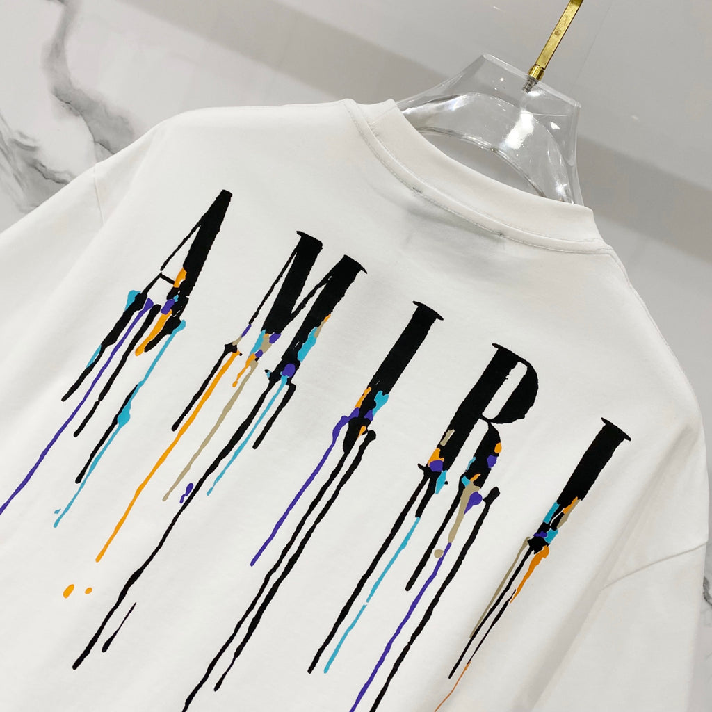 White crewneck T-shirt with large colorful drip logo lettering