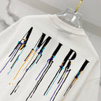 White crewneck T-shirt with large colorful drip logo lettering
