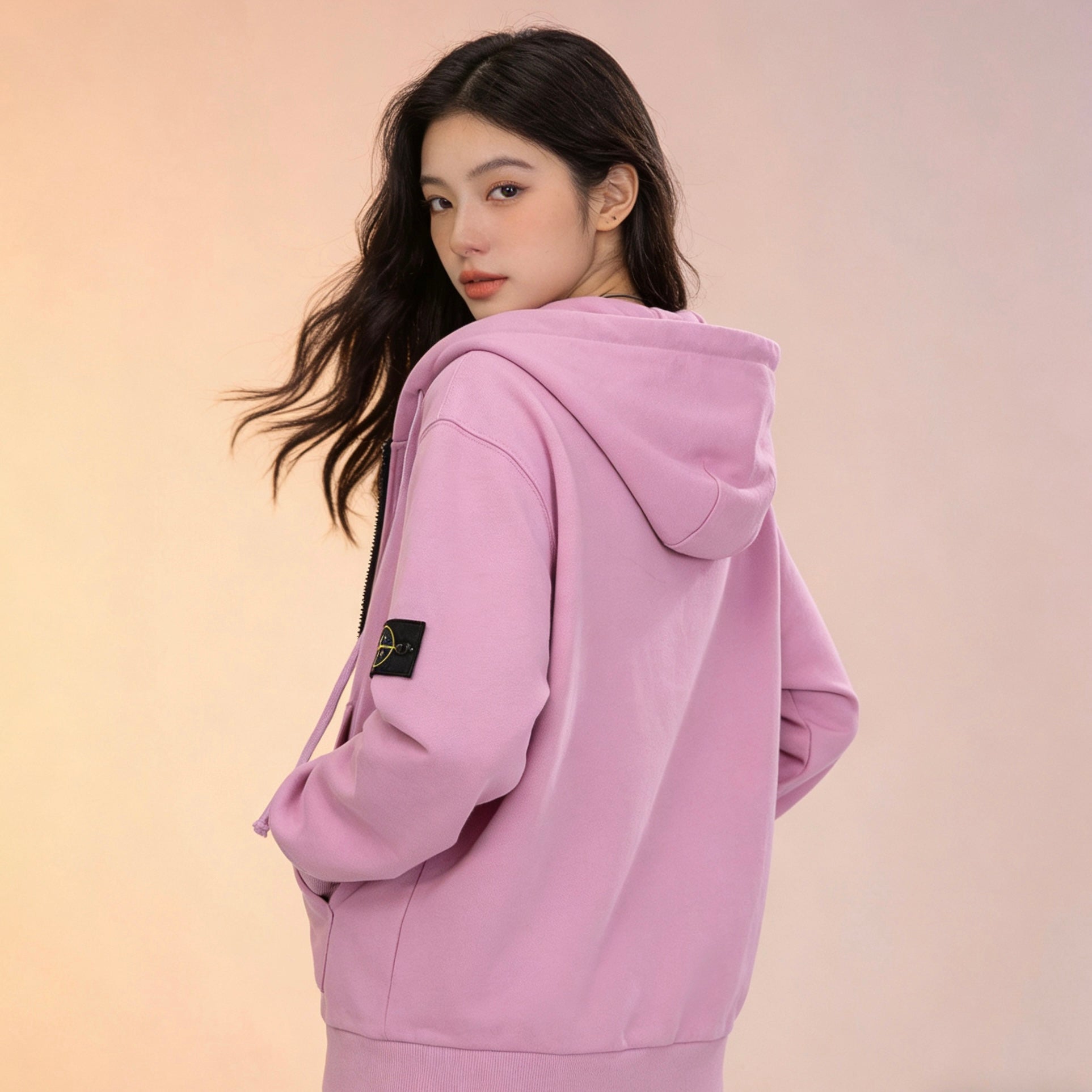 Stone Island pink zip-up hoodie back view with hood and sleeve patch