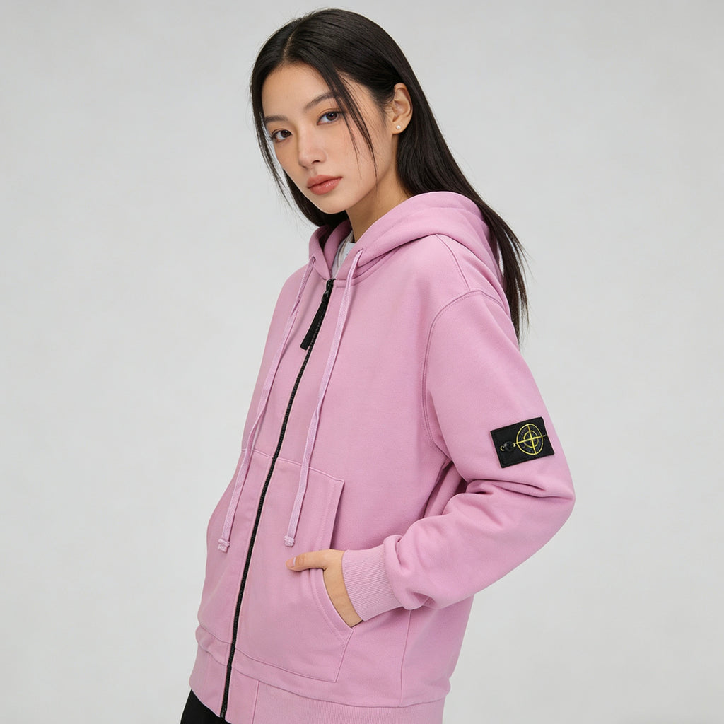 Stone Island pink zip-up hoodie with front zipper, hood, and side pocket