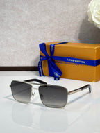 Louis Vuitton rectangular sunglasses with silver frame and dark gray lenses