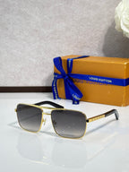 Louis Vuitton square sunglasses with gold frame and dark gray lenses