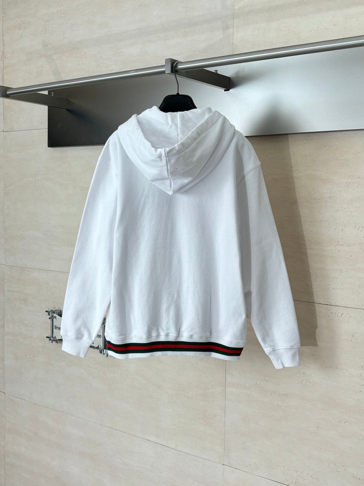 Gucci white hooded zip hoodie with striped hem and ribbed cuffs