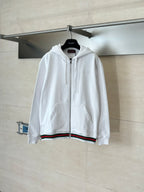 Gucci white zip hoodie with hood, striped hem and cuffs