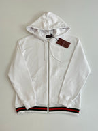 Gucci white zip hoodie with hood and striped hem, boxed label included