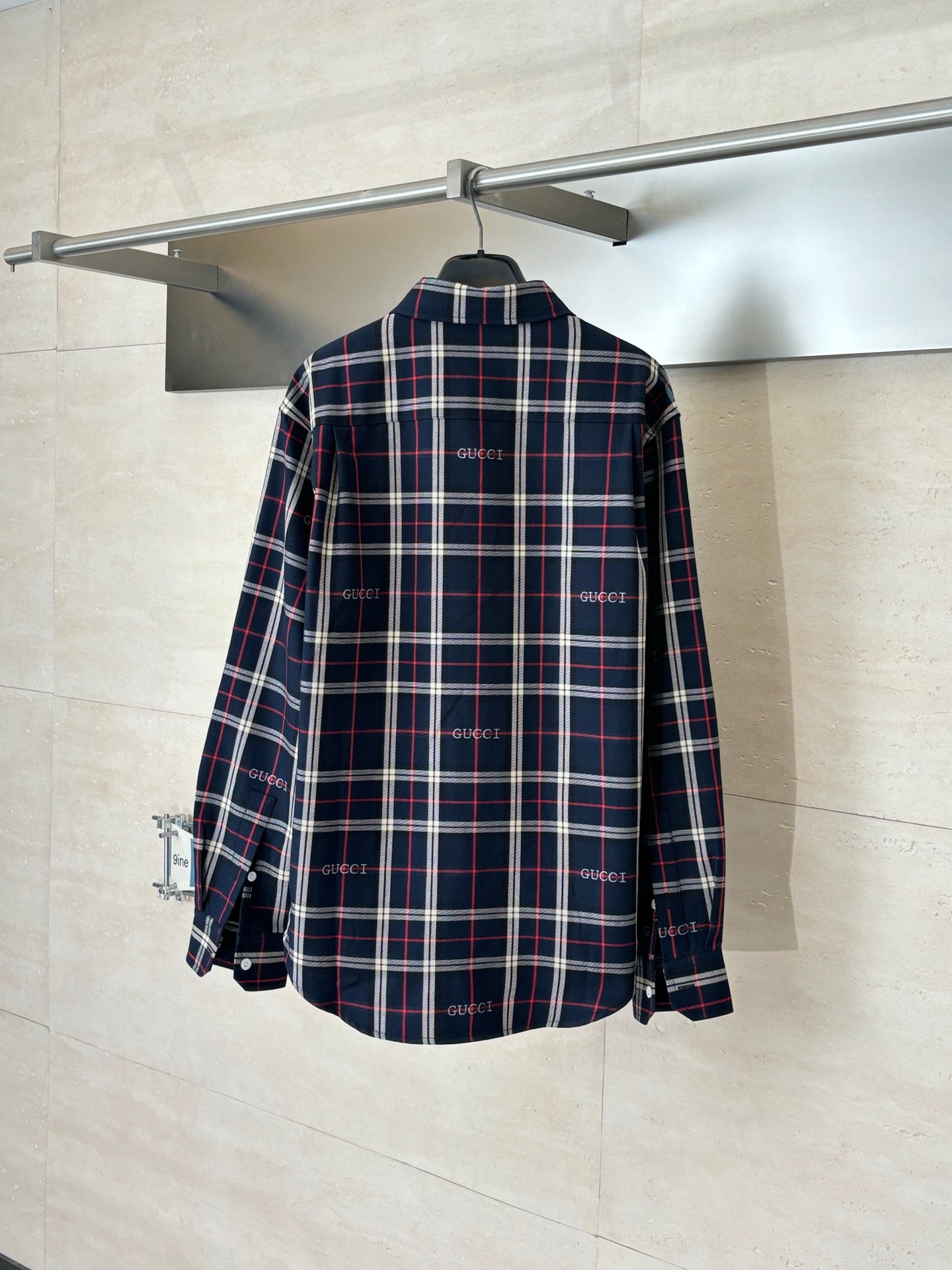 Gucci long-sleeve plaid shirt, back view, dark navy with red and white grid pattern