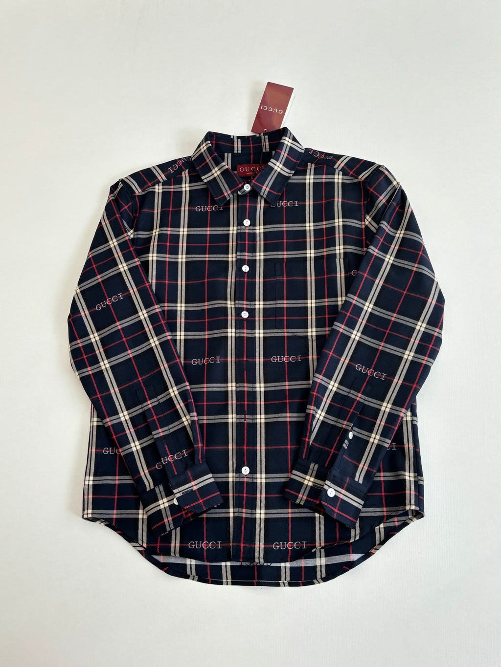 Gucci long-sleeve plaid shirt, front view, dark navy with red and white check lines