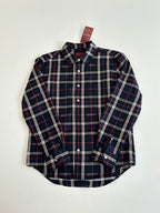 Gucci long-sleeve plaid shirt, front view, dark navy with red and white check lines