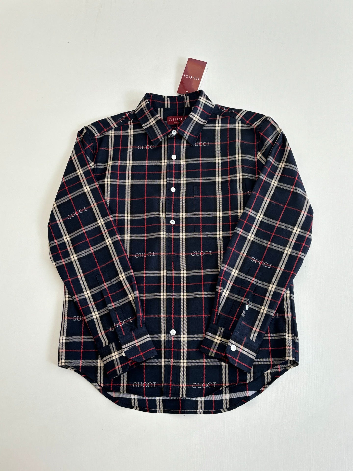 Gucci long-sleeve plaid shirt, front view, dark navy with red and white check lines