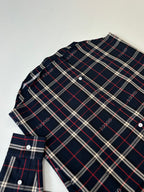 Gucci long-sleeve plaid shirt laid flat, dark navy with red and white grid pattern