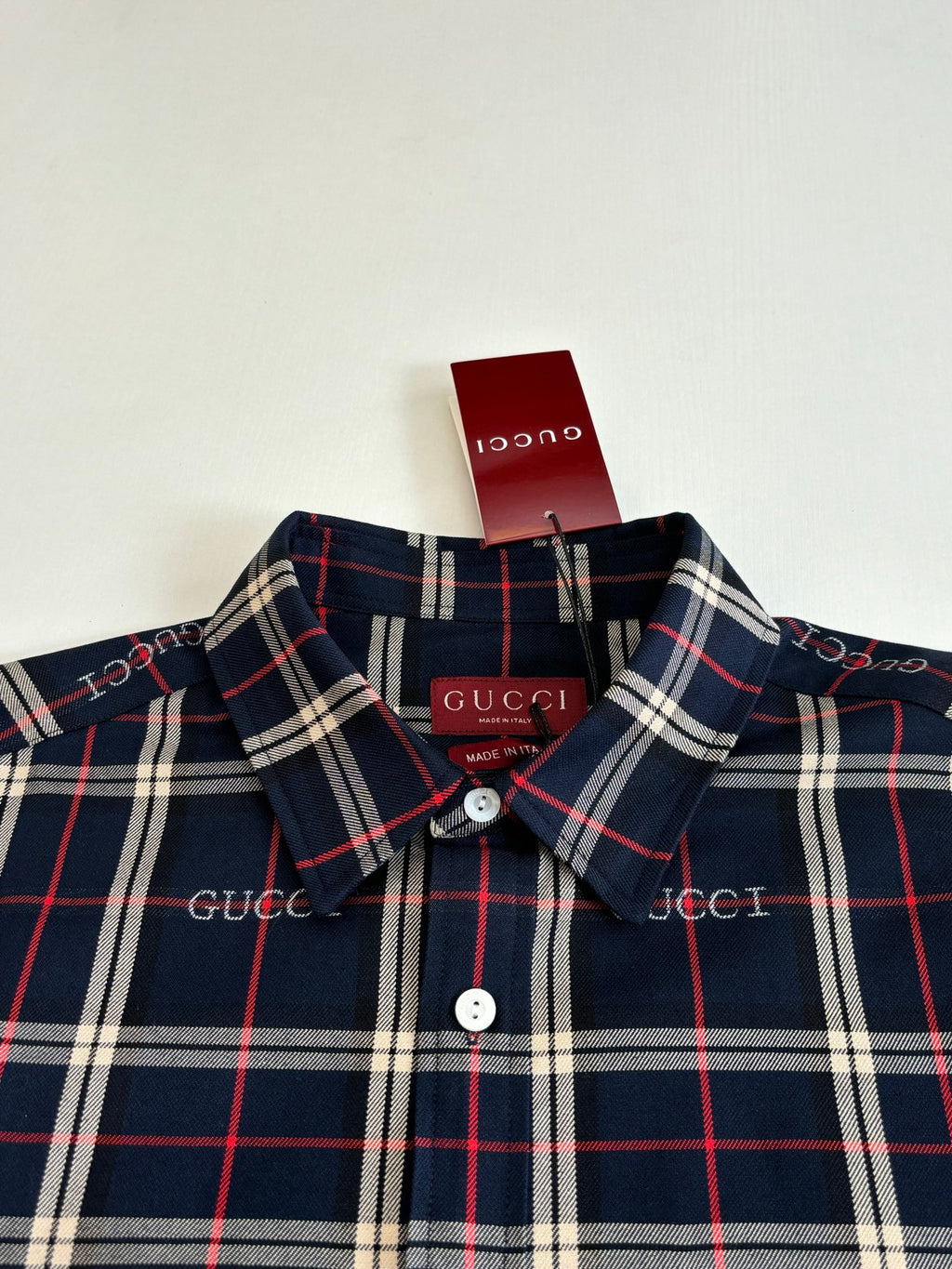 Gucci plaid shirt neckline with button placket, dark navy with red and white stripes