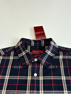 Gucci plaid shirt neckline with button placket, dark navy with red and white stripes