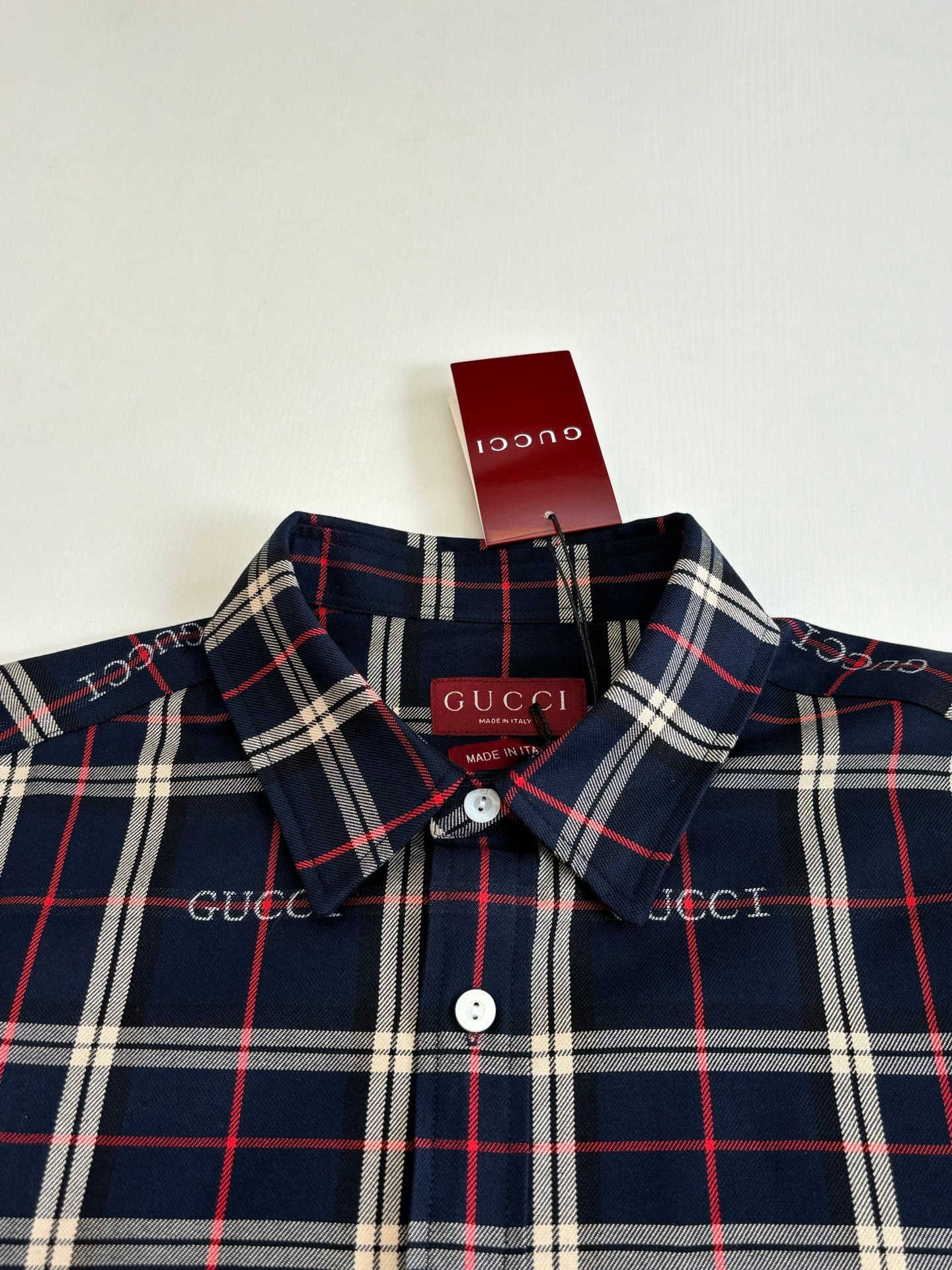 Gucci plaid shirt neckline with button placket, dark navy with red and white stripes