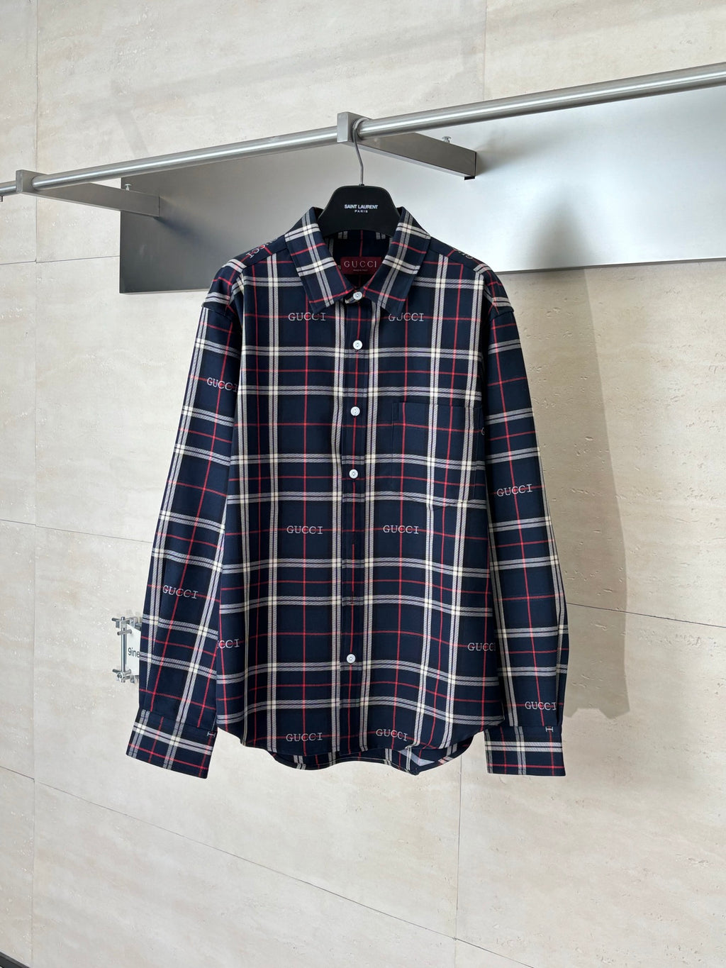 Gucci long-sleeve plaid shirt in dark navy with red and white lines, button front